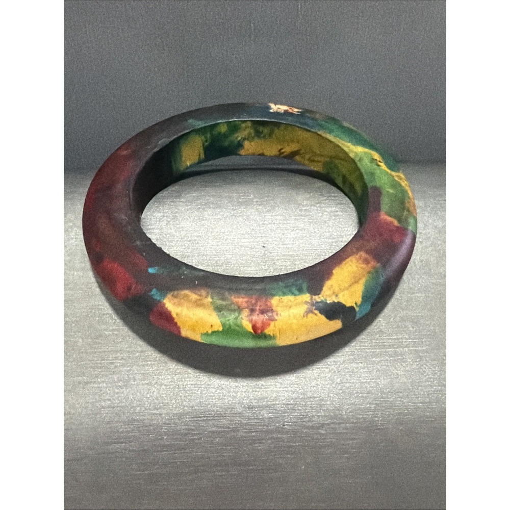 Hand Painted Wood Bangle Bracelet Multicolor Abstract Artisan Boho 7.5"